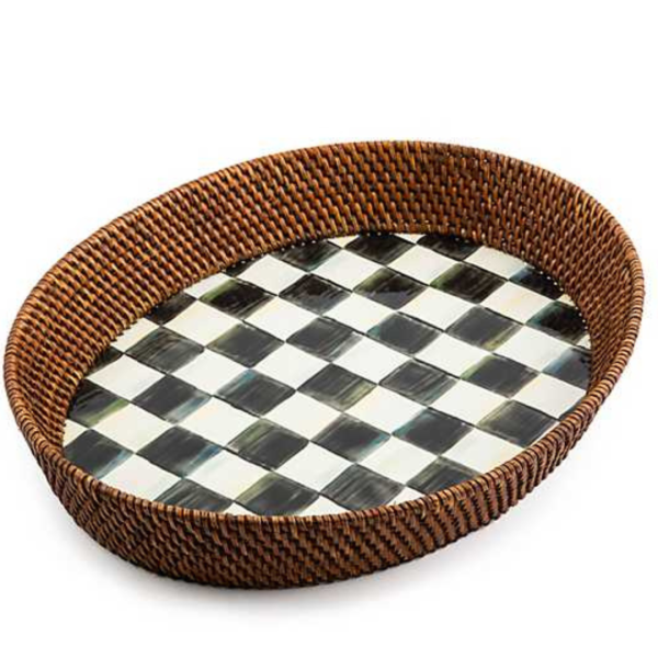 Mackenzie Childs Courtly Check Rattan & Enamel Large Serving Tray Supply