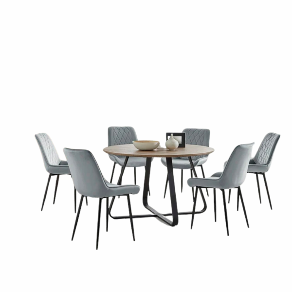 East Urban Home Vyshonne Industrial Wood Effect Round Dining Table Set With 6 Upholstered Velvet Dining Chairs Online