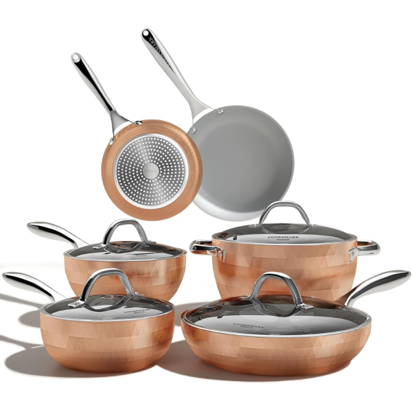 10-Piece Cooksmark Hammered Copper Cookware Set with Nonstick Coating Hot on Sale