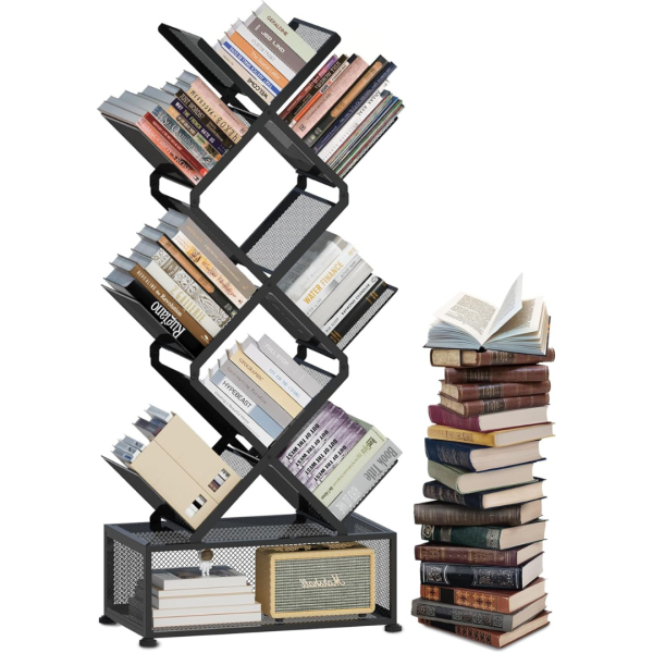 HI NINGER 9-Tier Tree Folding Bookshelf with Storage Cabinet For Sale