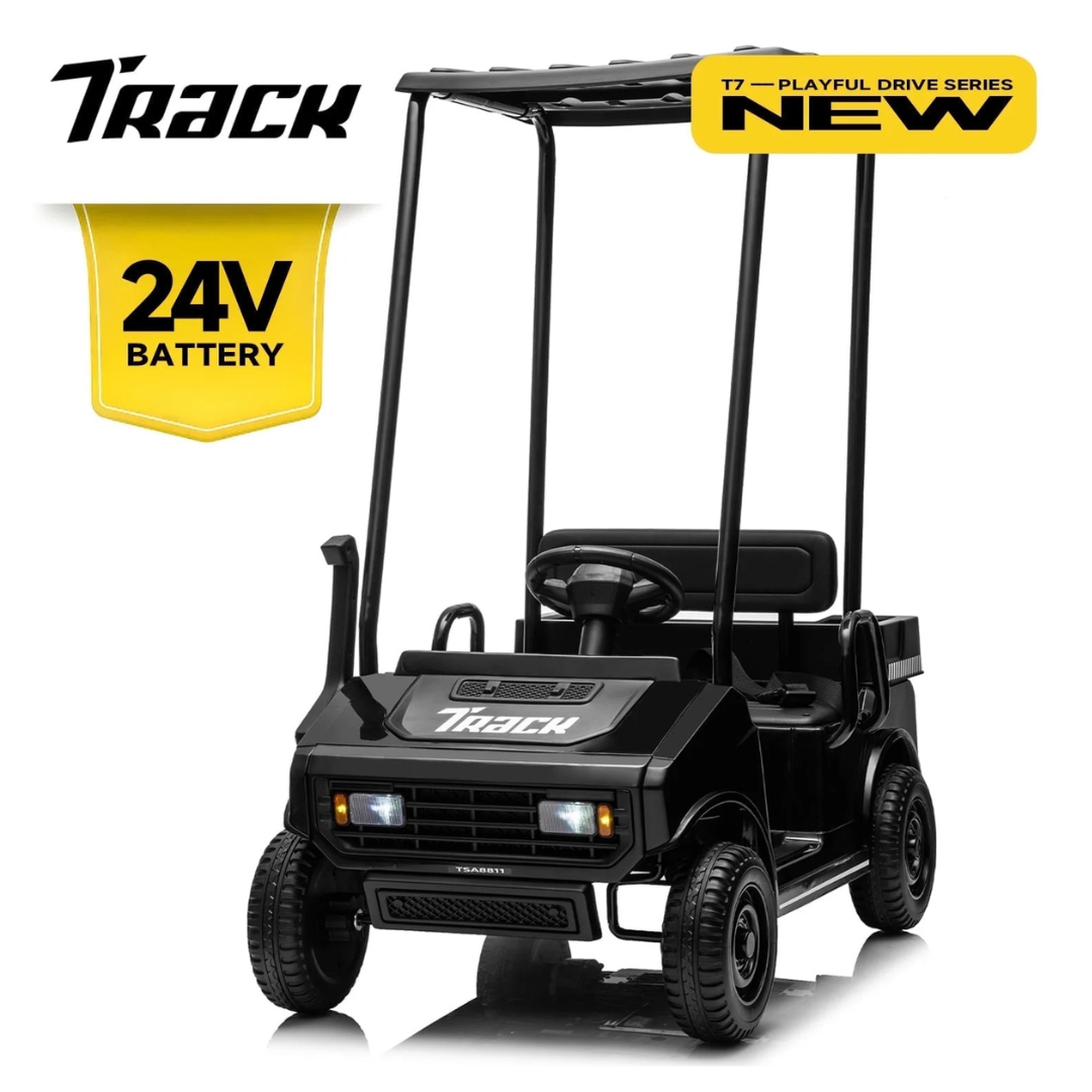 Track 7 24V Ride On Electric Golf Cart With Ceiling & Remote Control, Music, Rear Storage Box on Sale