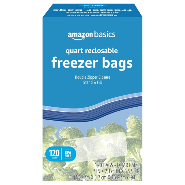 120-Count Amazon Basics Zippered Stand & Fill Freezer Quart Bags Online now