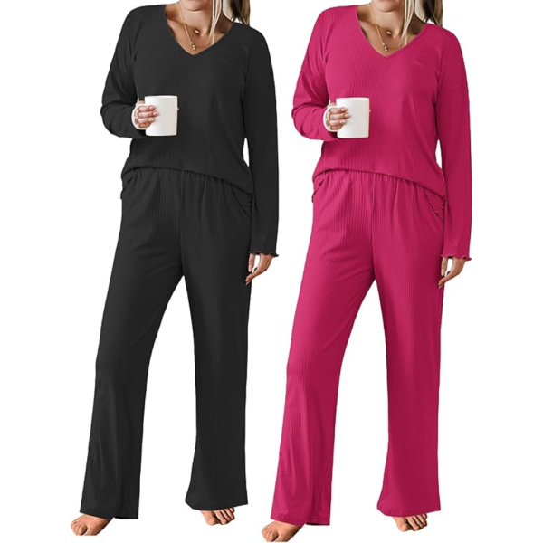 2-Pack Women s Ribbed Knit Long Sleeve V Neck Pajama Set Supply