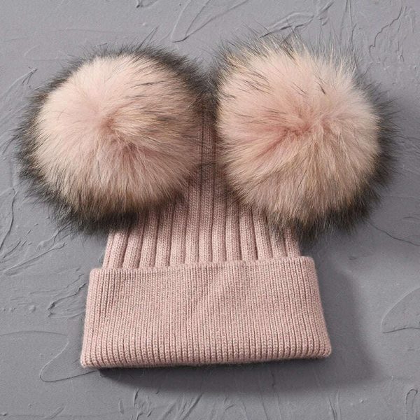 Double Real Raccoon Fur Pompom Hat Women Winter Caps Knitted Wool Hats Skullies Beanies Girls Female Two Fur Pom Pom Beanie Hat Supply - Image 5