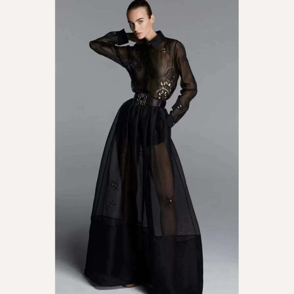 Delocah High Quality Autumn Women Fashion Runway A-Line Dress Lantern Long Sleeve Belt Hollow Out Solid Color Print Long Dresses Online Sale