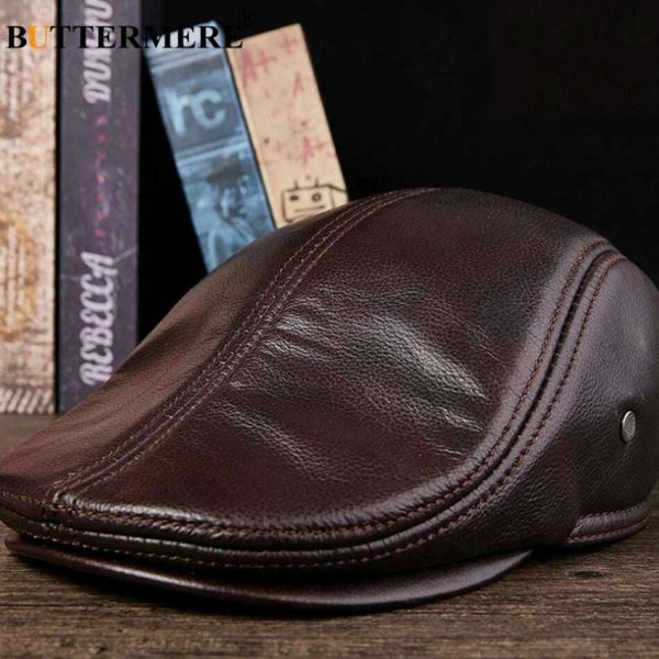 BUTTERMERE Flat Caps Men Real Leather Duckbill Hats Berets Earflaps Black Casual Directors Cap Male Vintage Winter Driving Caps Hot on Sale - Image 2