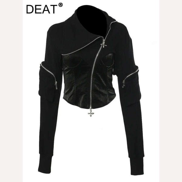 DEAT Fashion Women s Jackets Irregular Lapel Zipper Backless Pu Leather Spliced Slim Lace-up Coats Autumn 2023 New Tide 7AB1815 Fashion - Image 2
