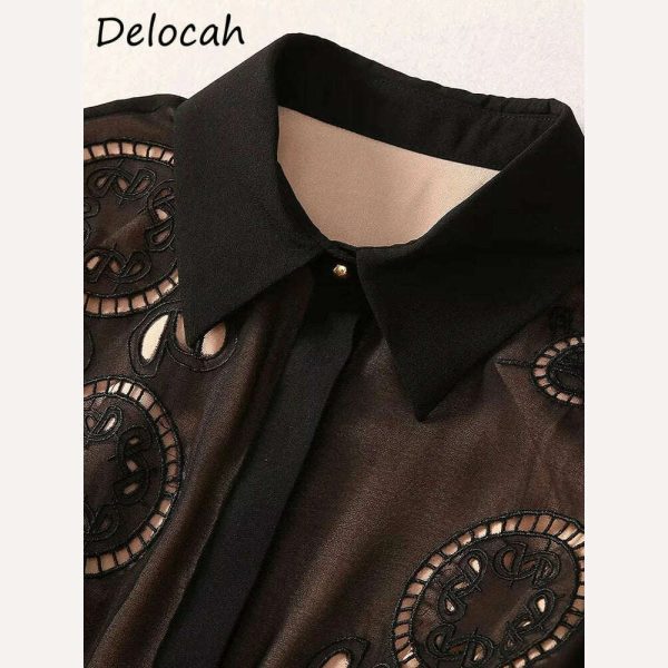 Delocah High Quality Autumn Women Fashion Runway A-Line Dress Lantern Long Sleeve Belt Hollow Out Solid Color Print Long Dresses Online Sale - Image 4