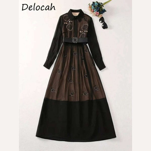 Delocah High Quality Autumn Women Fashion Runway A-Line Dress Lantern Long Sleeve Belt Hollow Out Solid Color Print Long Dresses Online Sale - Image 3