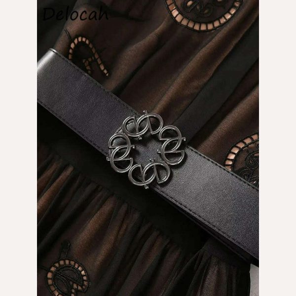 Delocah High Quality Autumn Women Fashion Runway A-Line Dress Lantern Long Sleeve Belt Hollow Out Solid Color Print Long Dresses Online Sale - Image 5