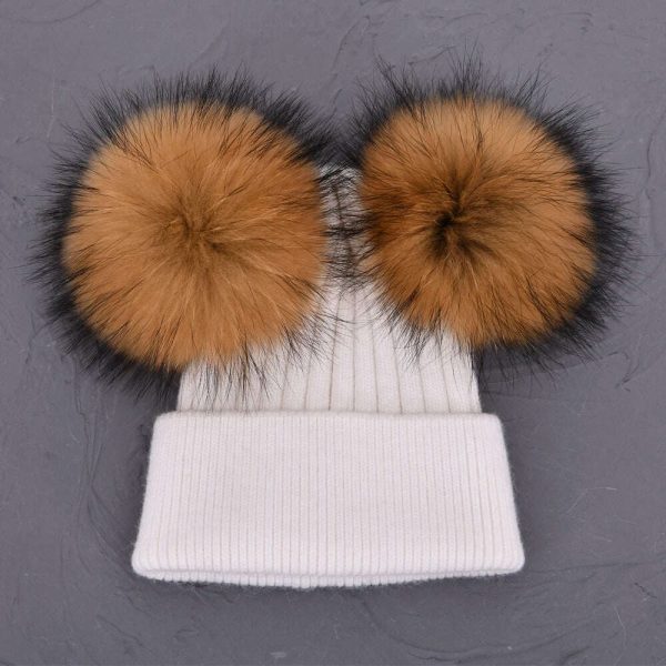 Double Real Raccoon Fur Pompom Hat Women Winter Caps Knitted Wool Hats Skullies Beanies Girls Female Two Fur Pom Pom Beanie Hat Supply - Image 4