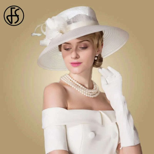 FS Fascinators White Weddings Sinamay Hat For Women Wide Brim Hats Fedora Vintage Ladies Church Dress Derby Hats Cheap