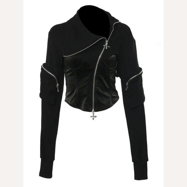DEAT Fashion Women s Jackets Irregular Lapel Zipper Backless Pu Leather Spliced Slim Lace-up Coats Autumn 2023 New Tide 7AB1815 Fashion