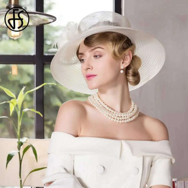 FS Fascinators White Weddings Sinamay Hat For Women Wide Brim Hats Fedora Vintage Ladies Church Dress Derby Hats Cheap - Image 4